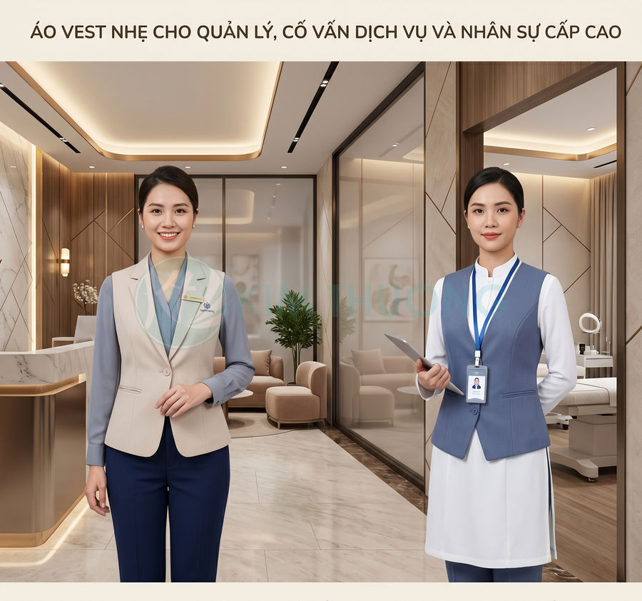 Nhân viên nữ mặc áo vest đồng phục cao cấp trong không gian văn phòng dịch vụ hiện đại