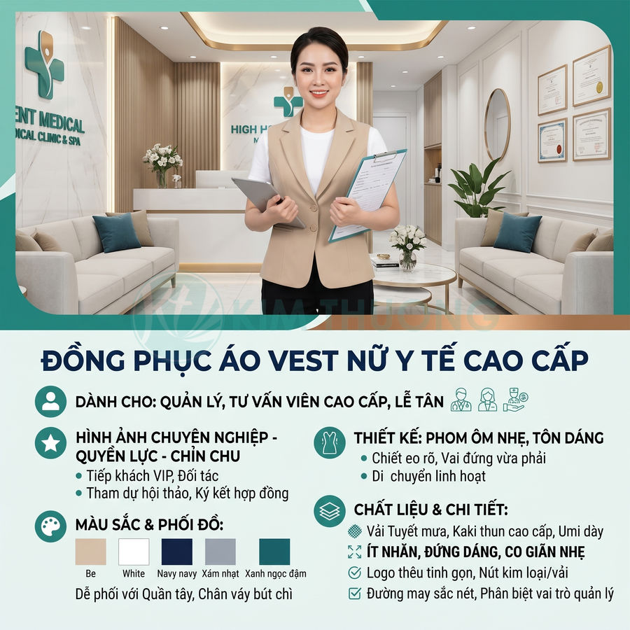 Đồng phục áo vest nữ y tế cao cấp màu be phối áo thun trắng cho quản lý tư vấn lễ tân phòng khám
