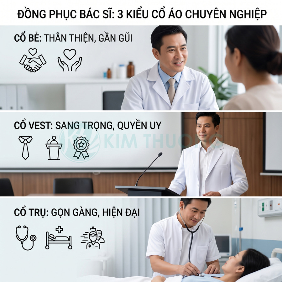 Đồng phục bác sĩ nam với ba kiểu cổ áo chuyên nghiệp: cổ bẻ, cổ vest và cổ trụ trong môi trường bệnh viện