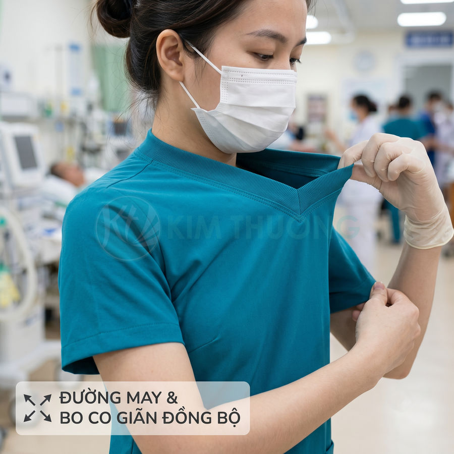 Đồng phục y tá màu xanh cổ tim co giãn, nhân viên y tế kéo giãn cổ áo trong bệnh viện