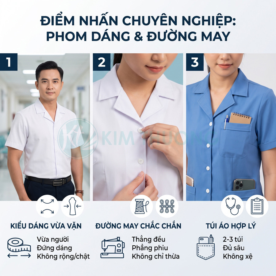 Đồng phục y tế tay ngắn màu trắng và xanh, phom dáng đứng, đường may chắc chắn, nhiều túi tiện dụng