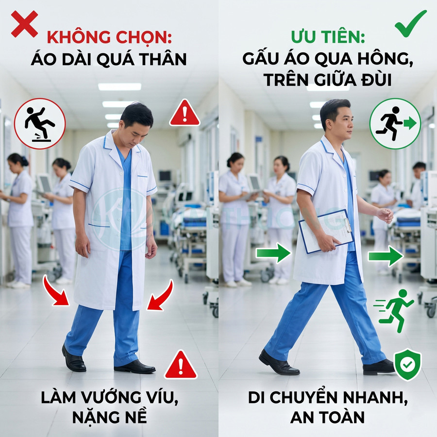 So sánh áo blouse bác sĩ dáng dài và áo blouse ngắn qua hông giúp di chuyển nhanh an toàn trong bệnh viện