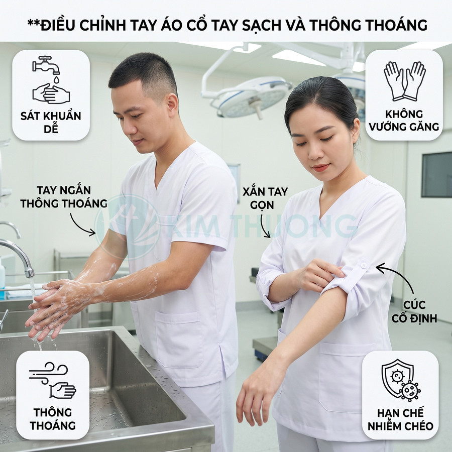 Đồng phục y tá tay ngắn màu trắng, dễ xắn tay cố định, thông thoáng hỗ trợ rửa tay sát khuẩn và hạn chế nhiễm chéo