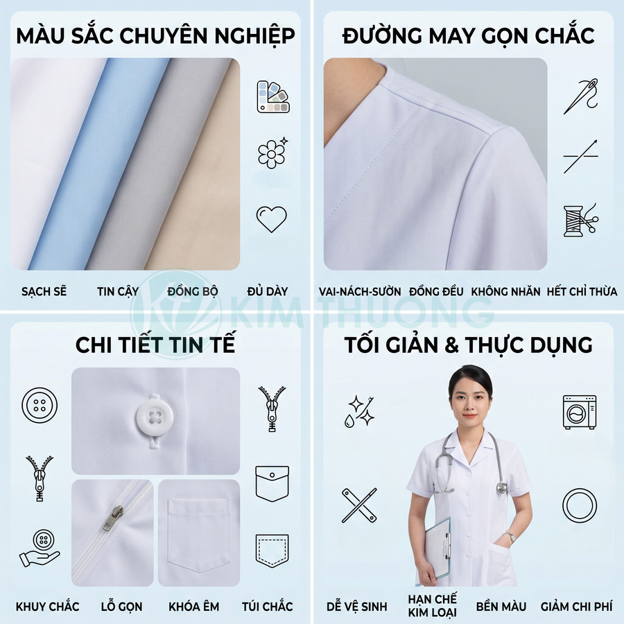 Đồng phục y tá màu trắng thiết kế tối giản, chất vải dày, đường may gọn chắc, khuy và khóa kéo bền chắc