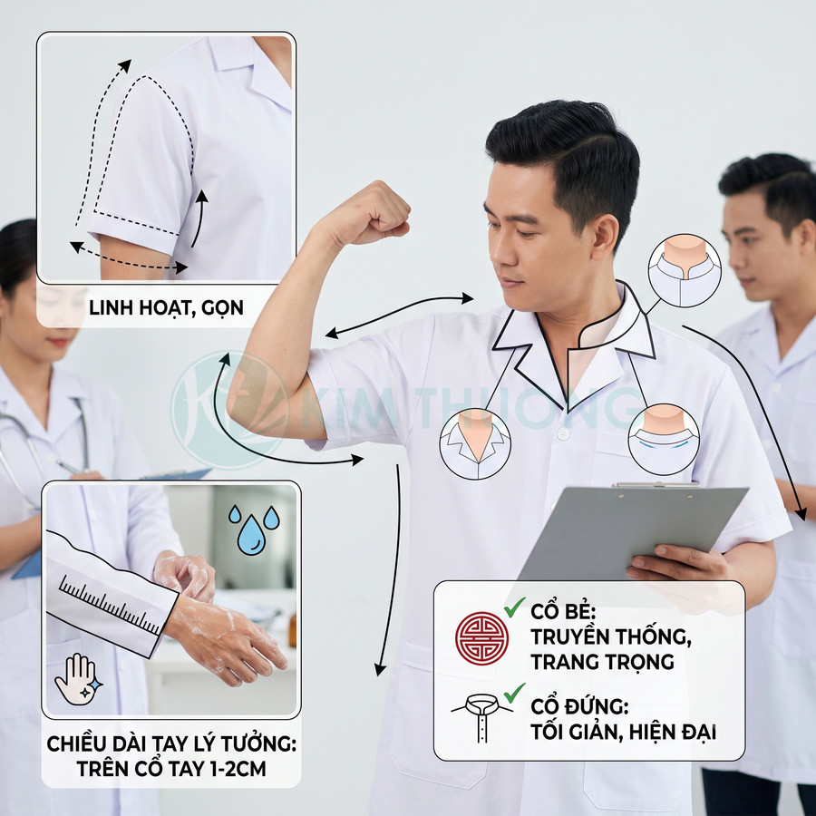 Bác sĩ nam mặc áo blouse trắng cổ bẻ tay ngắn, thiết kế linh hoạt gọn gàng trong bệnh viện