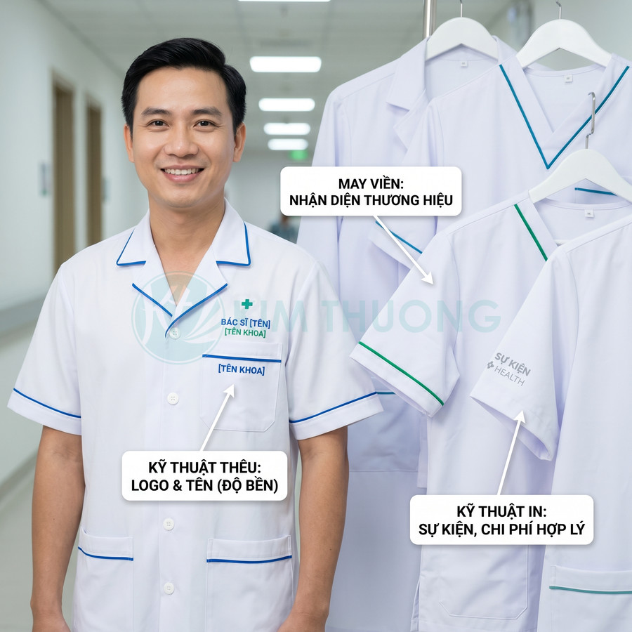 Đồng phục bác sĩ màu trắng viền xanh, thêu logo tên khoa và in chữ sự kiện health trên tay áo