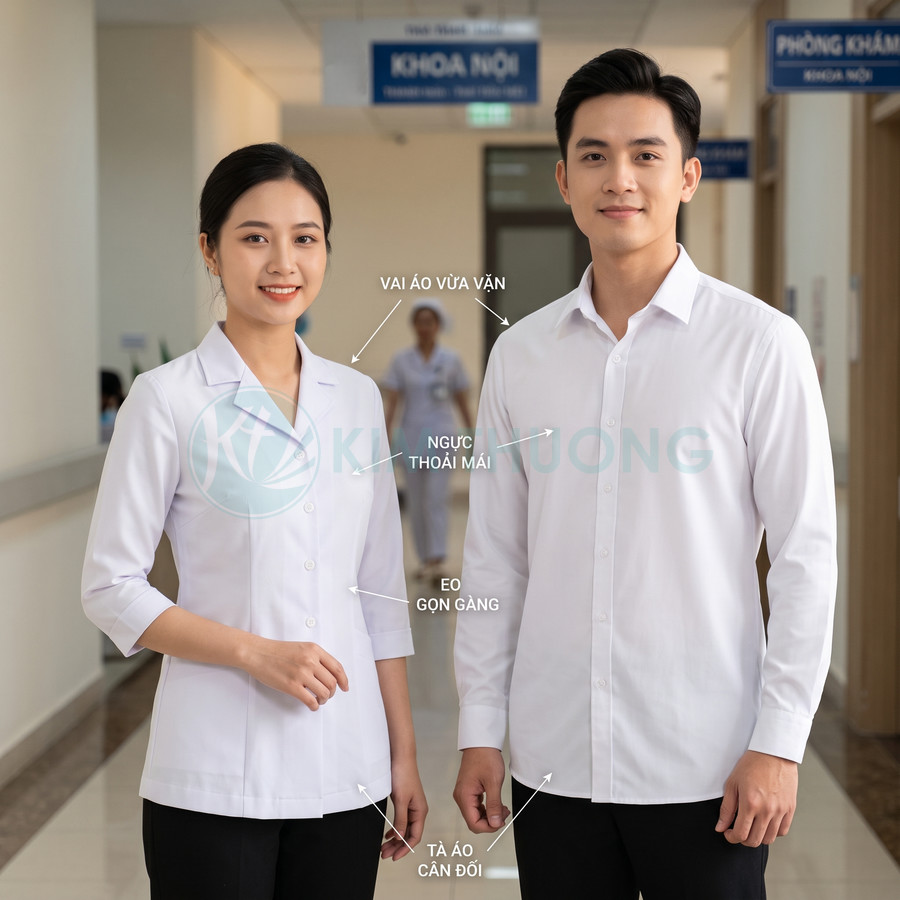 Đồng phục y tá và bác sĩ màu trắng form ôm gọn gàng, chất liệu thoải mái trong hành lang bệnh viện
