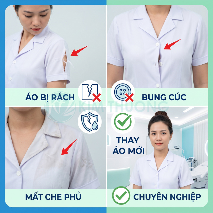 So sánh áo blouse y tế cũ bị rách, bung cúc, bẩn với áo blouse mới sạch sẽ chuyên nghiệp
