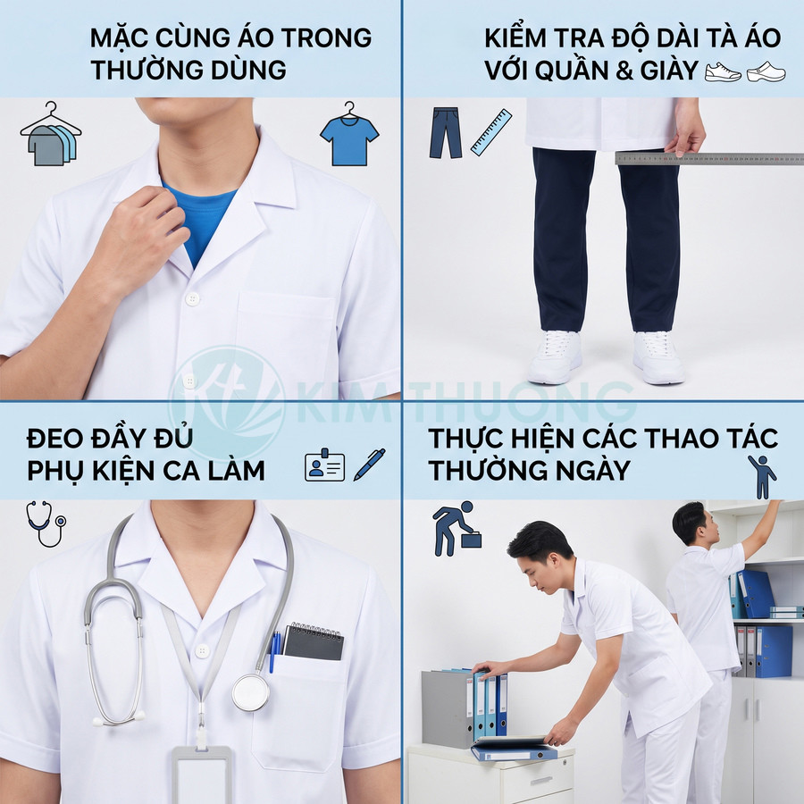 Hướng dẫn chọn size áo blouse y tế nam màu trắng, phối cùng quần tối màu và phụ kiện làm việc