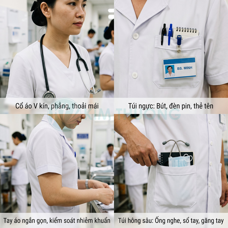 Đồng phục bác sĩ màu trắng cổ V kín, nhiều túi tiện dụng đựng ống nghe, bút, thẻ tên và dụng cụ y tế