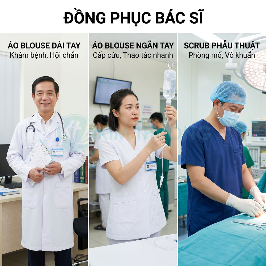 Đồng phục bác sĩ gồm áo blouse dài tay, áo blouse ngắn tay và bộ scrub phẫu thuật trong bệnh viện