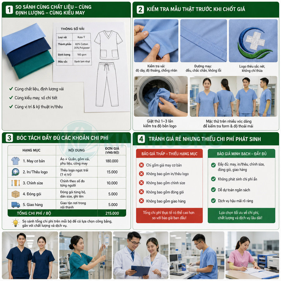Hướng dẫn chọn và so sánh đồng phục y tế màu xanh cho bác sĩ, y tá với bảng chi phí và hình ảnh nhân viên bệnh viện