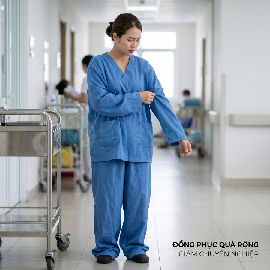 Nữ nhân viên y tế mặc bộ đồng phục bệnh viện màu xanh quá rộng trong hành lang bệnh viện