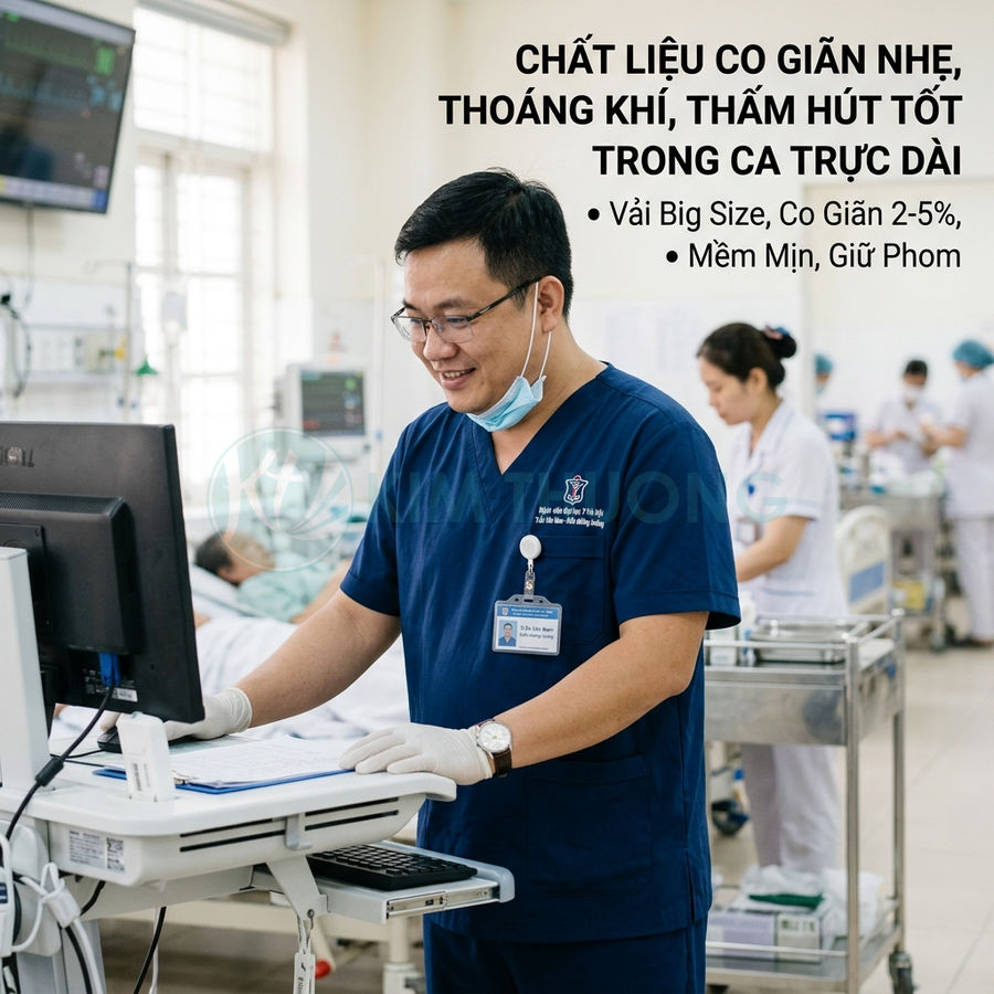 Bác sĩ mặc đồng phục y tế màu xanh navy co giãn nhẹ, thoáng khí, làm việc trong phòng bệnh viện
