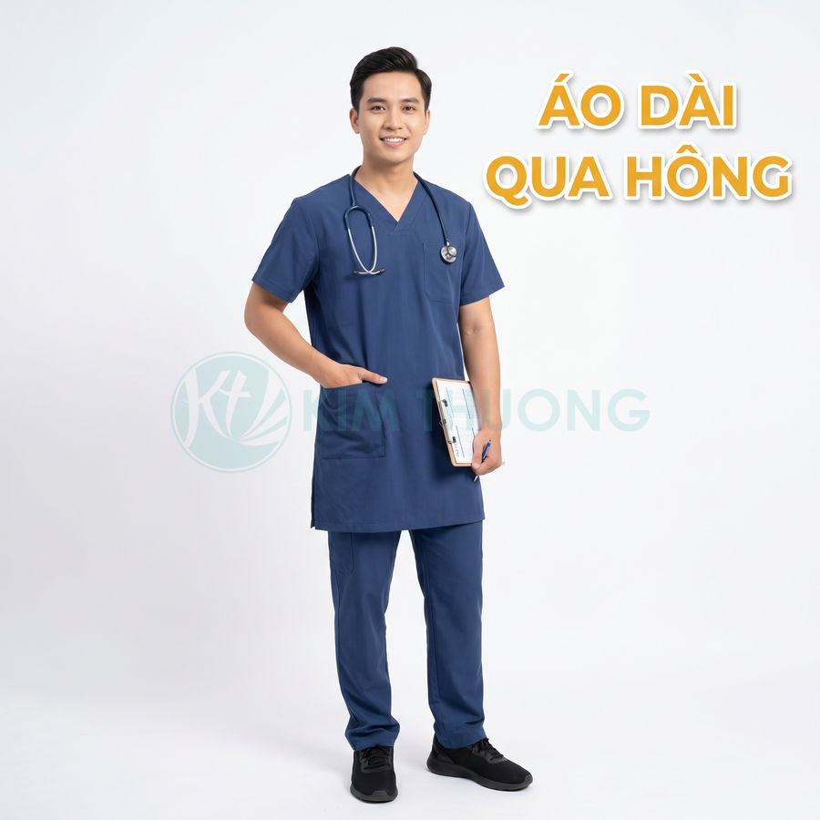 Nam bác sĩ mặc bộ đồ scrub y tế màu xanh navy tay ngắn, cổ tim, cầm bảng hồ sơ và ống nghe