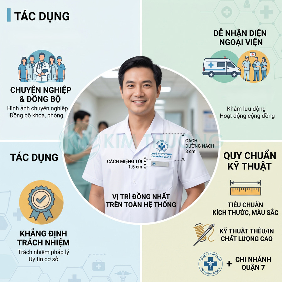 Nam bác sĩ mặc đồng phục y tế trắng có bảng tên và logo cơ sở y tế Việt Nam chi nhánh quận 7