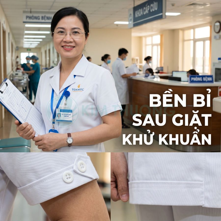 Đồng phục y tá bệnh viện Vinmec màu trắng bền đẹp, chi tiết tay áo và gấu áo sau giặt khử khuẩn