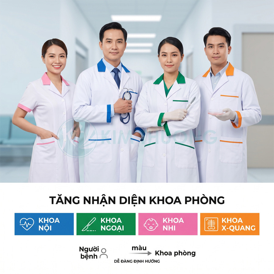 Bác sĩ mặc áo blouse viền màu phân biệt khoa nội, khoa ngoại, khoa nhi và khoa X quang trong bệnh viện