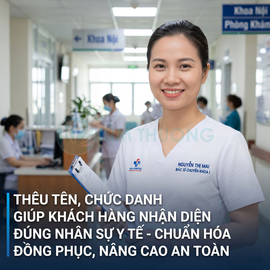 Bác sĩ bệnh viện mặc đồng phục trắng thêu tên và chức danh, cầm bảng hồ sơ trong khu khám chữa bệnh