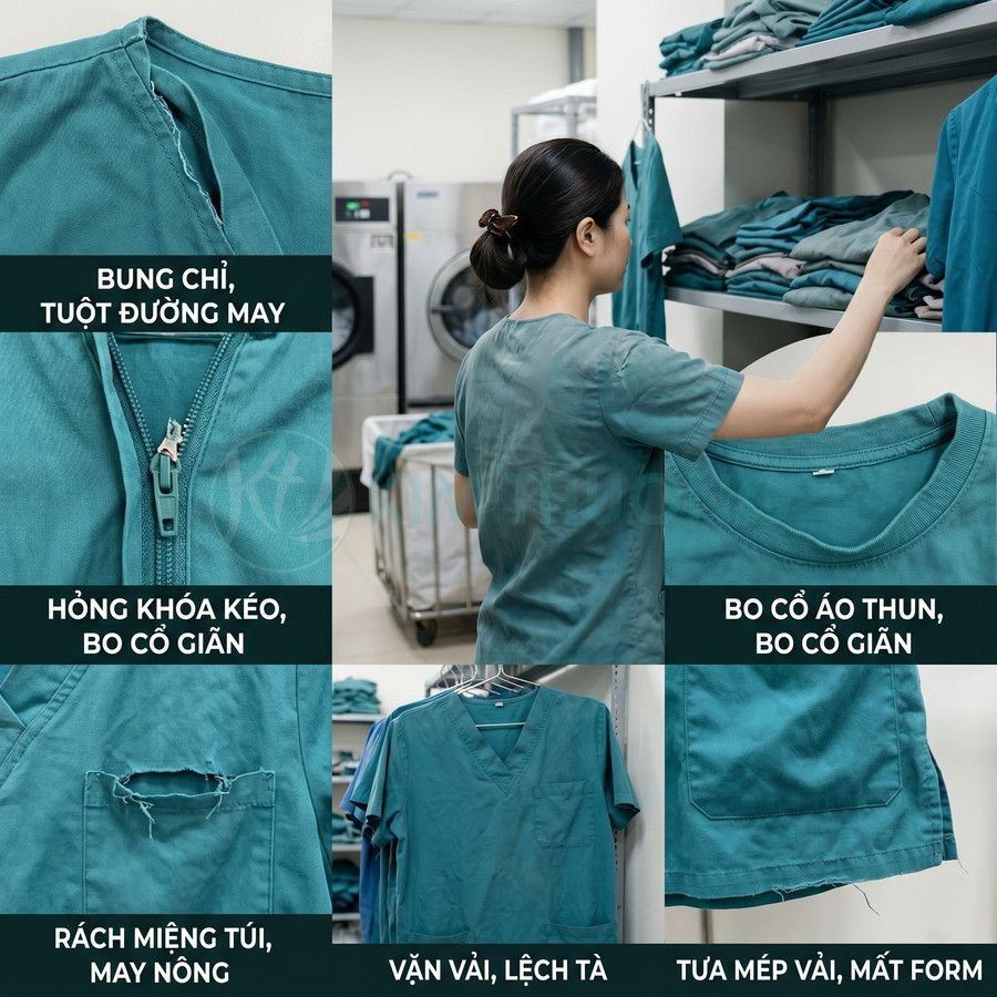 Đồng phục y tế màu xanh bị bung chỉ, rách túi, hỏng khóa kéo và tưa mép vải trong phòng giặt ủi