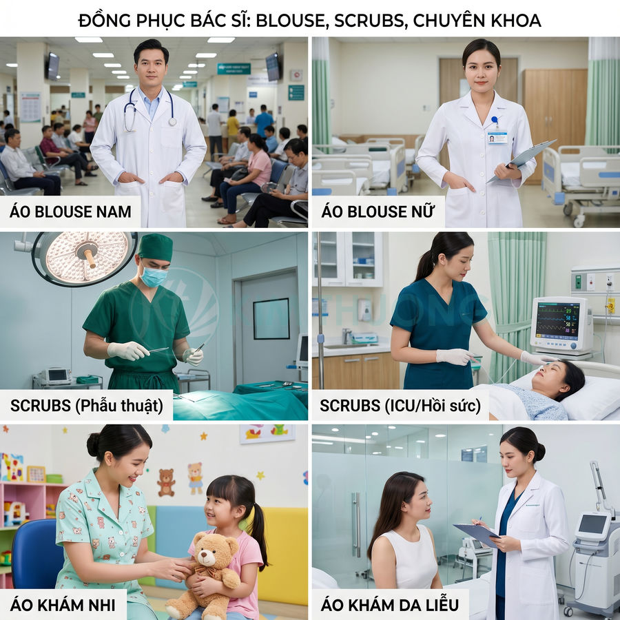 Các mẫu đồng phục bác sĩ blouse và scrubs cho nam nữ, phẫu thuật, hồi sức, khám nhi và da liễu trong bệnh viện