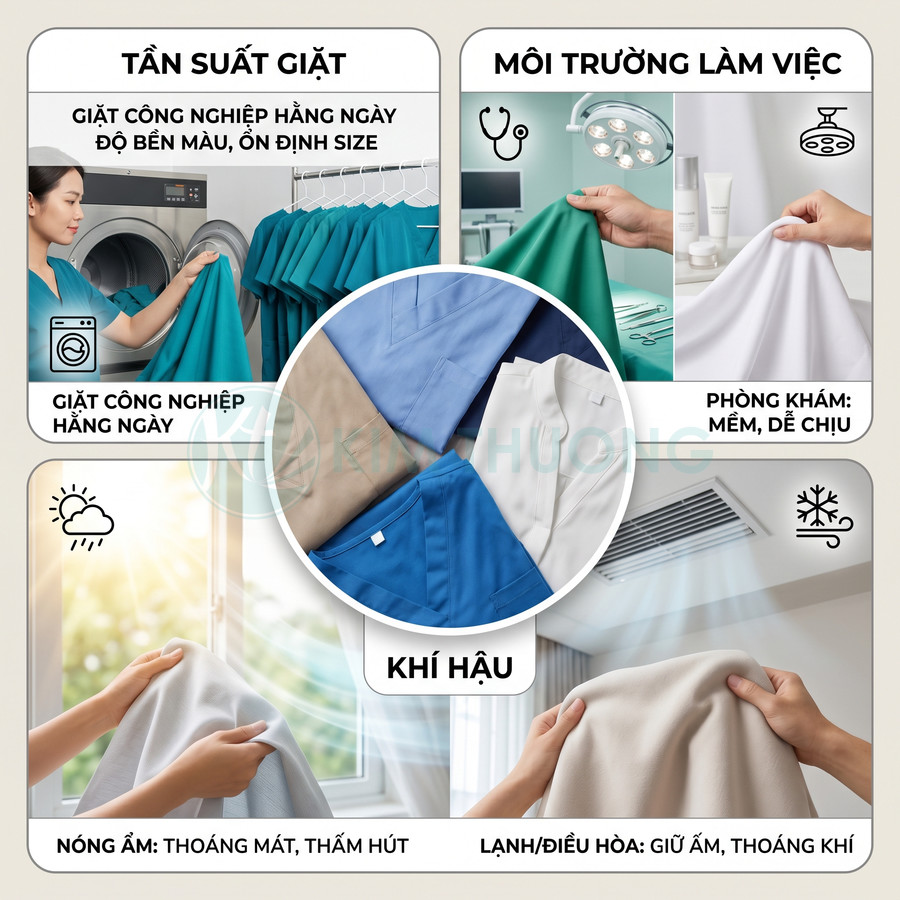 Đồng phục y tế nhiều màu chất liệu mềm thoáng, bền màu khi giặt công nghiệp, phù hợp phòng khám và nhiều điều kiện khí hậu
