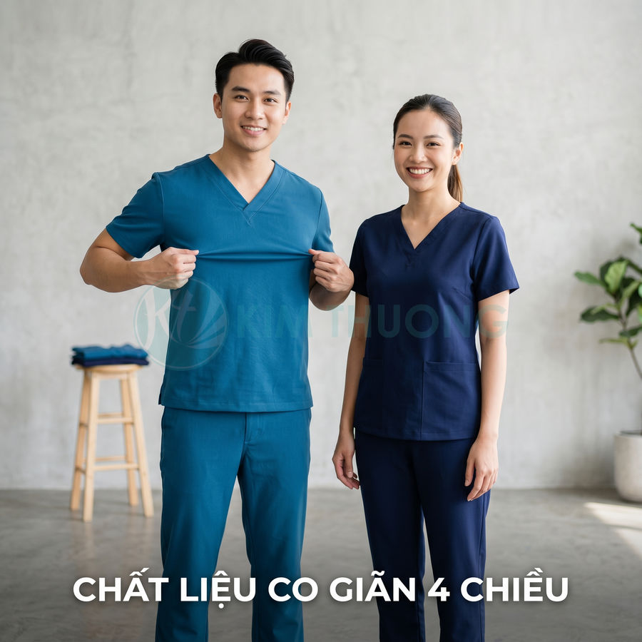 Đồng phục y tá nam nữ chất liệu co giãn 4 chiều màu xanh dương và xanh navy