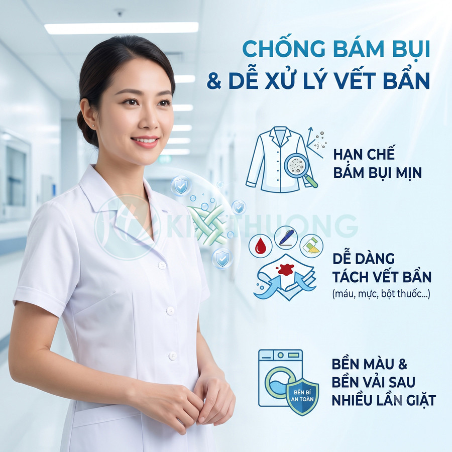 Đồng phục y tá màu trắng chống bám bụi dễ tẩy vết bẩn bền màu và bền vải sau nhiều lần giặt