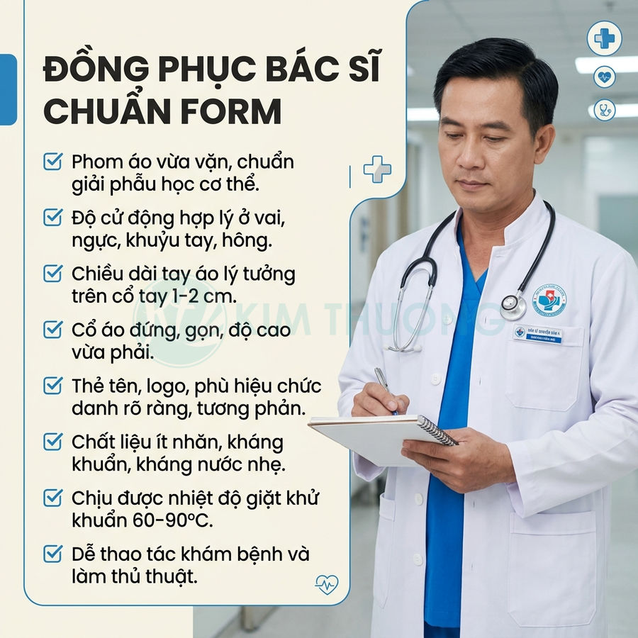 Bác sĩ mặc áo blouse trắng chuẩn form, cổ đứng, túi áo có bảng tên, cầm sổ khám bệnh trong bệnh viện