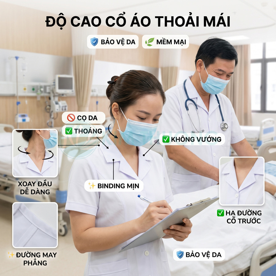 Đồng phục y tá cổ áo thấp thoáng mát, đường may phẳng, chất liệu mềm bảo vệ da trong phòng bệnh viện
