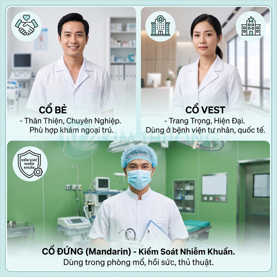 Đồng phục bác sĩ cổ bẻ, cổ vest và cổ đứng Mandarin cho phòng khám, bệnh viện và phòng mổ