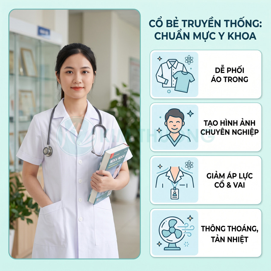Bác sĩ nữ mặc áo blouse trắng cổ bẻ truyền thống, đeo ống nghe, cầm sách y khoa trong bệnh viện