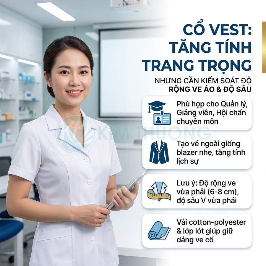 Nữ nhân viên y tế mặc áo blouse cổ vest trắng đứng trong phòng khám hiện đại