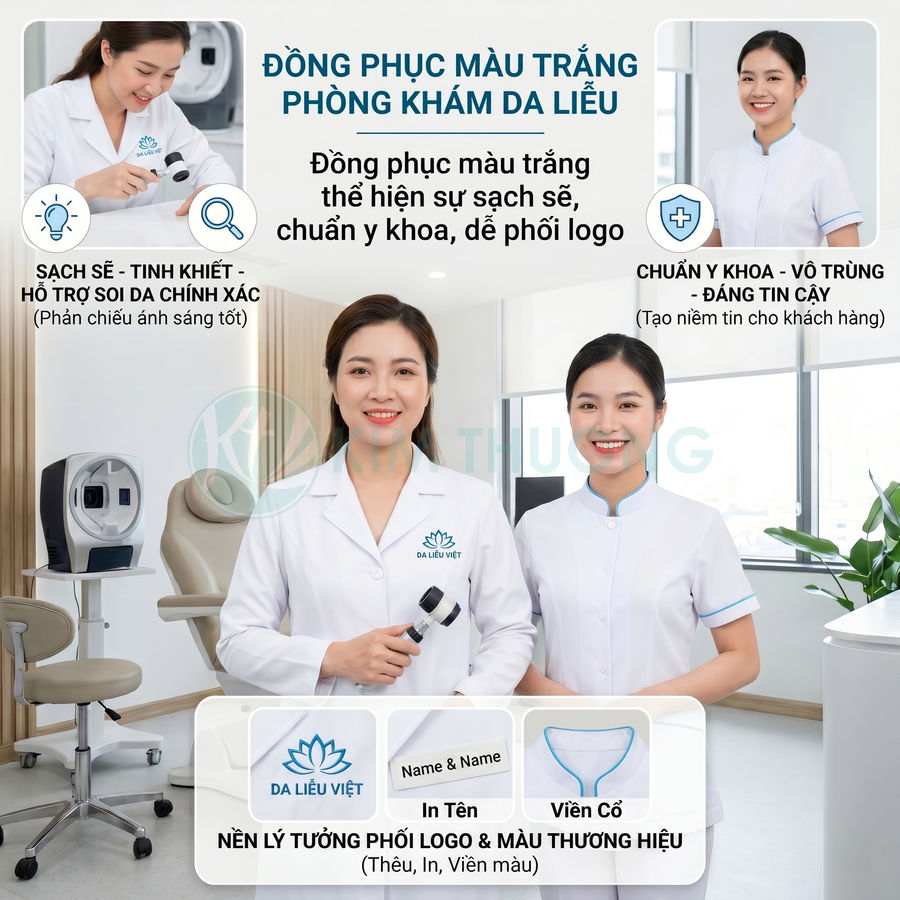 Đồng phục màu trắng phòng khám da liễu Da Liễu Việt sạch sẽ chuẩn y khoa, dễ phối logo và in tên nhân viên