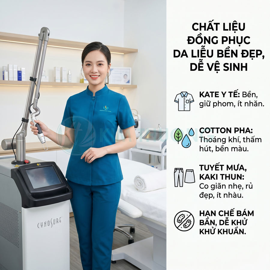 Nhân viên spa mặc đồng phục da liễu màu xanh đứng cạnh máy laser Cynosure trong phòng điều trị sạch sẽ