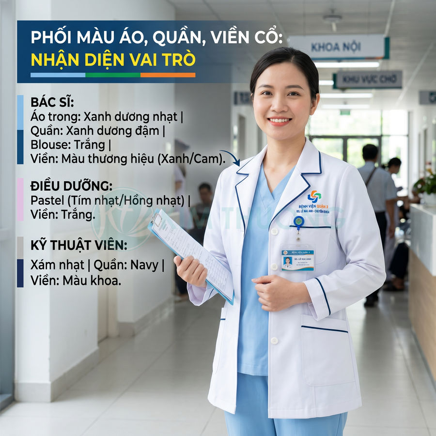 Bác sĩ nữ mặc áo blouse trắng viền xanh cầm hồ sơ bệnh án đứng tại hành lang bệnh viện