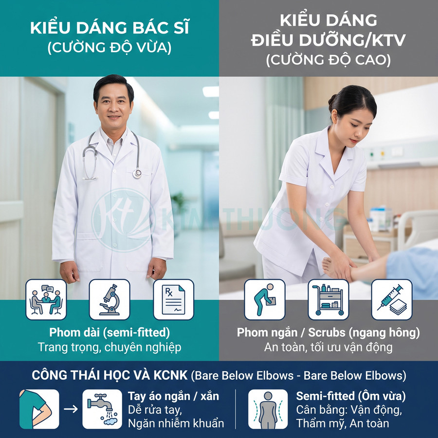 Đồng phục bác sĩ áo blouse trắng và đồng phục điều dưỡng scrubs trắng cho môi trường bệnh viện