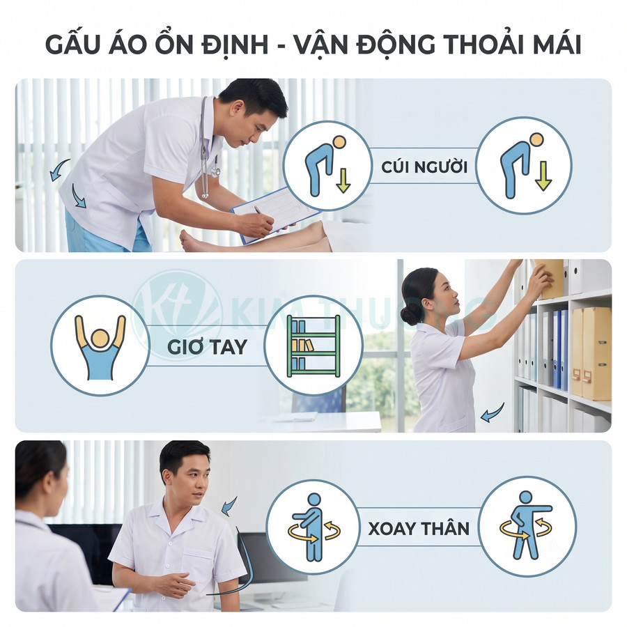 Đồng phục y tá gấu áo cố định giúp cúi người, giơ tay, xoay thân thoải mái khi làm việc