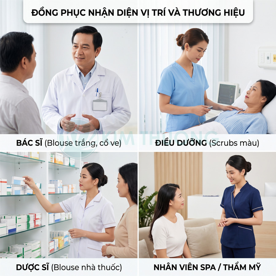 Đồng phục bác sĩ, điều dưỡng, dược sĩ và nhân viên spa thẩm mỹ với các mẫu áo blouse và scrubs chuyên nghiệp