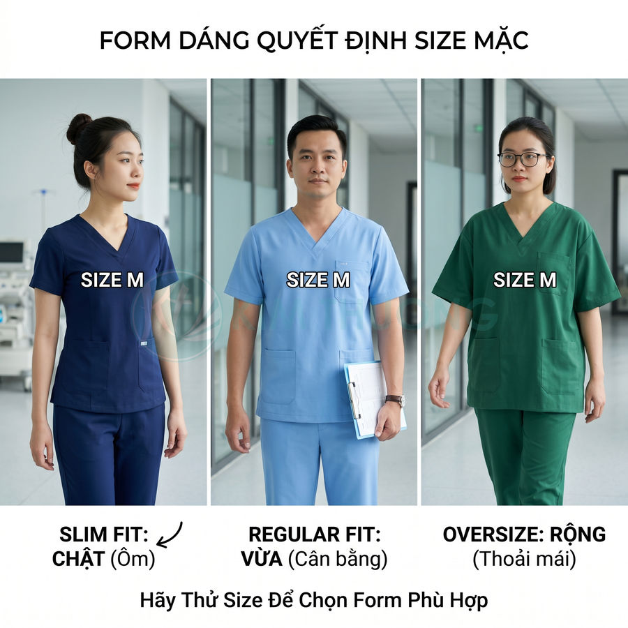 Ba mẫu đồng phục y tá size M với form slim fit ôm, regular vừa và oversize rộng thoải mái