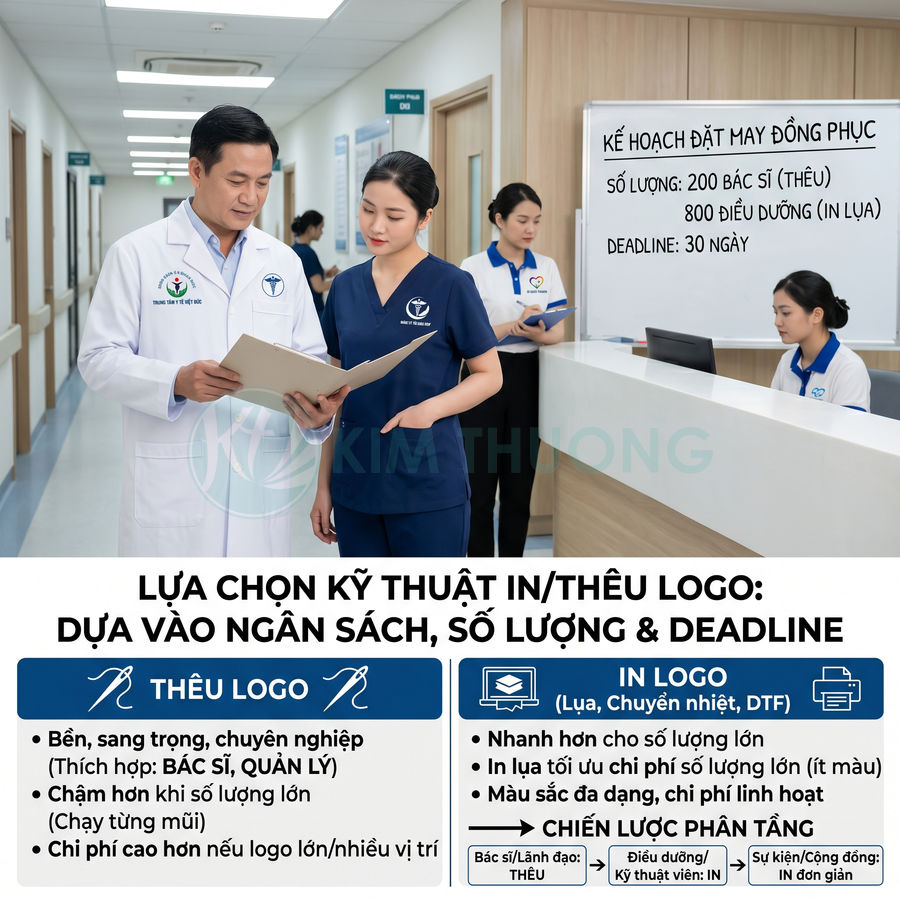 Đồng phục bác sĩ và điều dưỡng in thêu logo tại bệnh viện, tư vấn lựa chọn kỹ thuật in thêu logo theo số lượng và ngân sách
