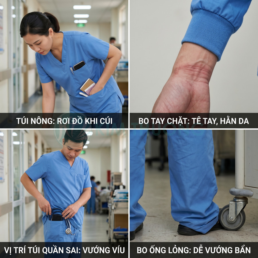 Đồng phục y tá màu xanh với thiết kế túi và bo tay ống quần bất tiện khi làm việc trong bệnh viện