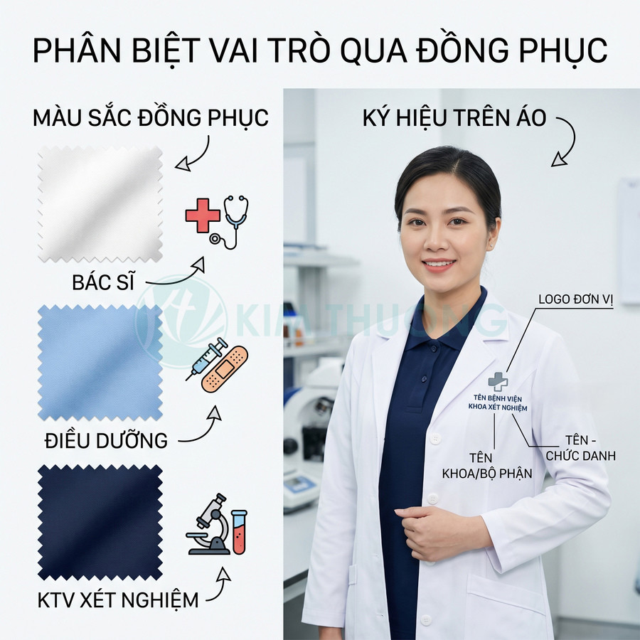 Đồng phục bệnh viện phân biệt bác sĩ điều dưỡng kỹ thuật viên xét nghiệm bằng màu áo và ký hiệu trên áo blouse