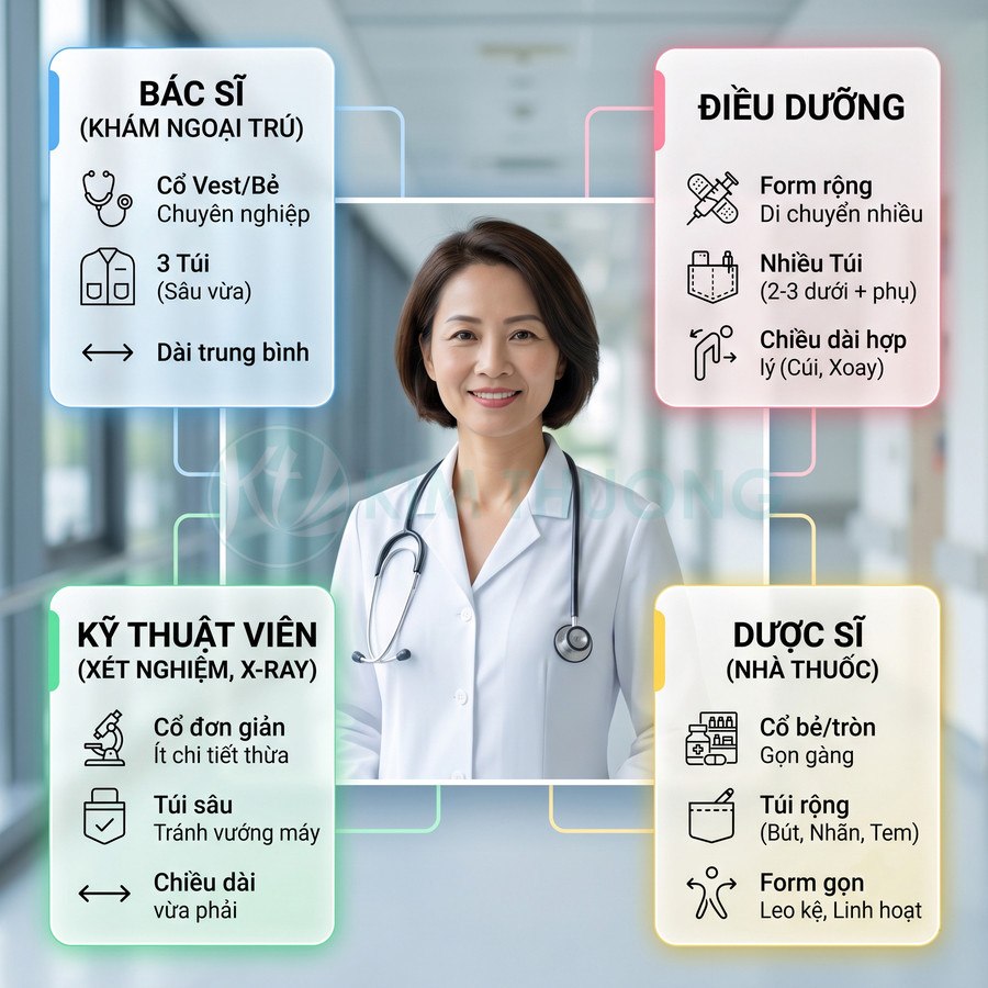 Bác sĩ nữ mặc áo blouse trắng đeo ống nghe, xung quanh là hướng dẫn chọn đồng phục cho bác sĩ điều dưỡng kỹ thuật viên dược sĩ