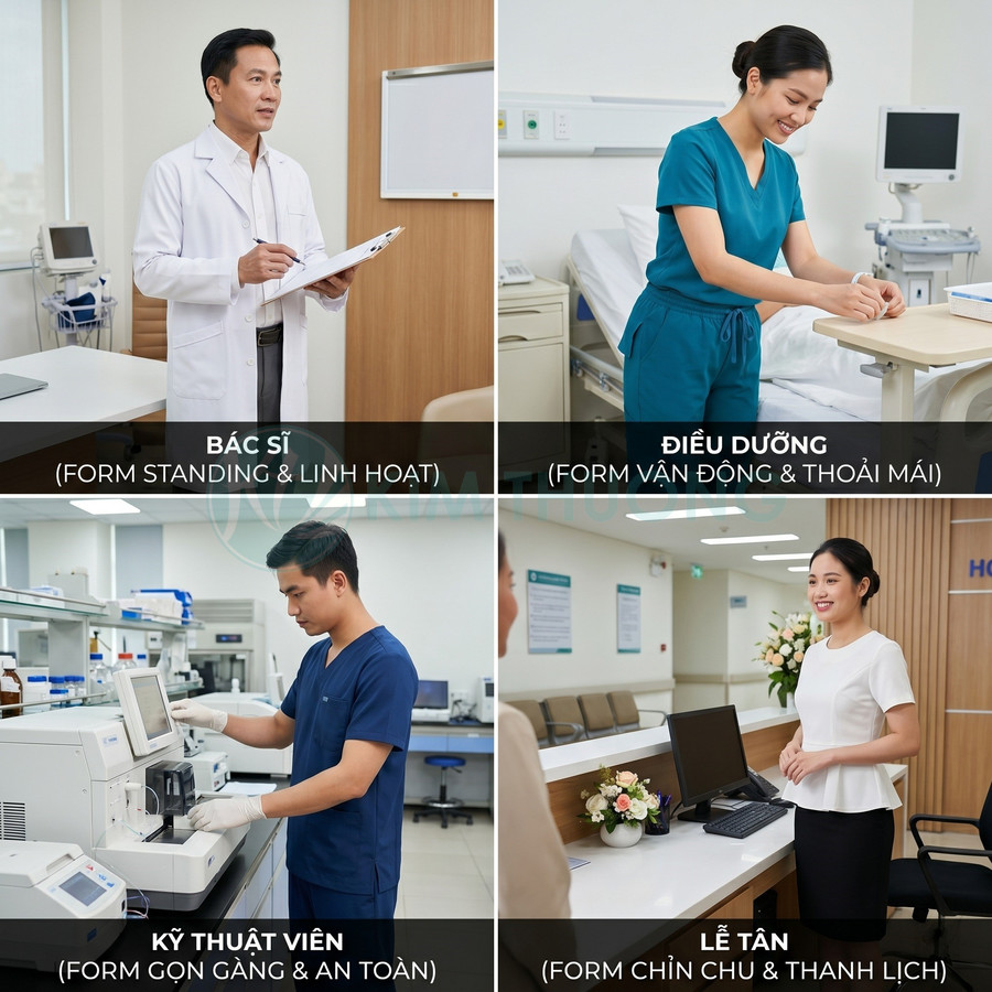 Đồng phục bác sĩ, điều dưỡng, kỹ thuật viên và lễ tân bệnh viện hiện đại, thiết kế chuyên nghiệp và gọn gàng