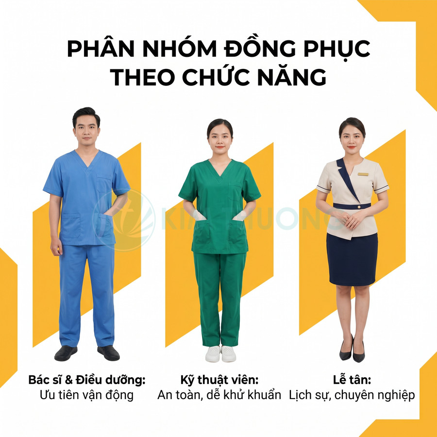 Đồng phục bác sĩ điều dưỡng màu xanh dương, kỹ thuật viên màu xanh lá và lễ tân công sở màu kem navy