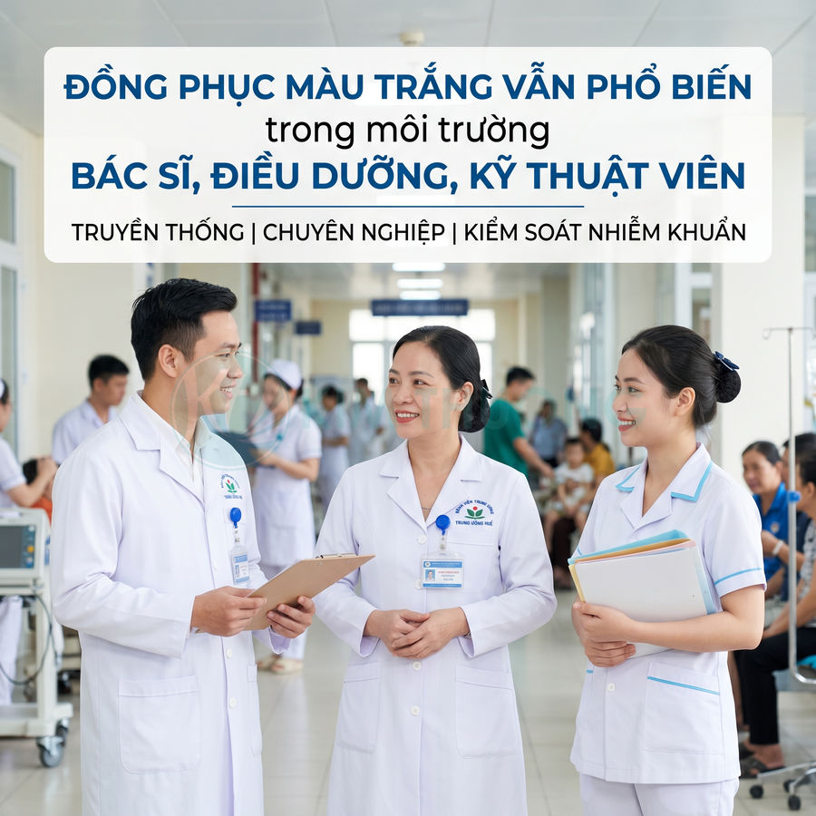 Bác sĩ và điều dưỡng mặc đồng phục y tế màu trắng trao đổi công việc trong hành lang bệnh viện