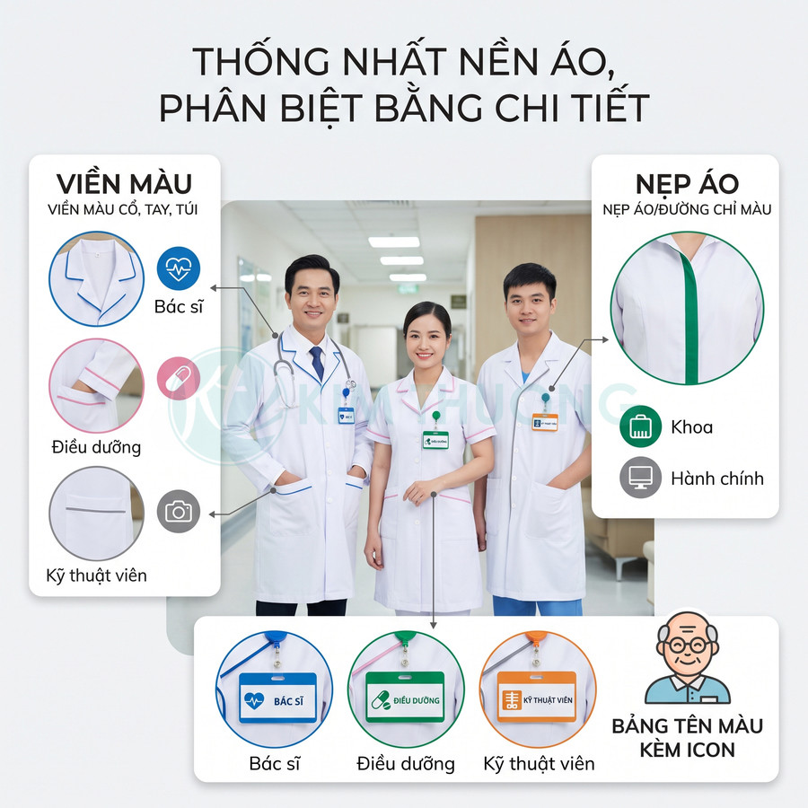 Đồng phục bác sĩ, điều dưỡng, kỹ thuật viên với viền màu và bảng tên icon phân biệt từng vị trí trong bệnh viện