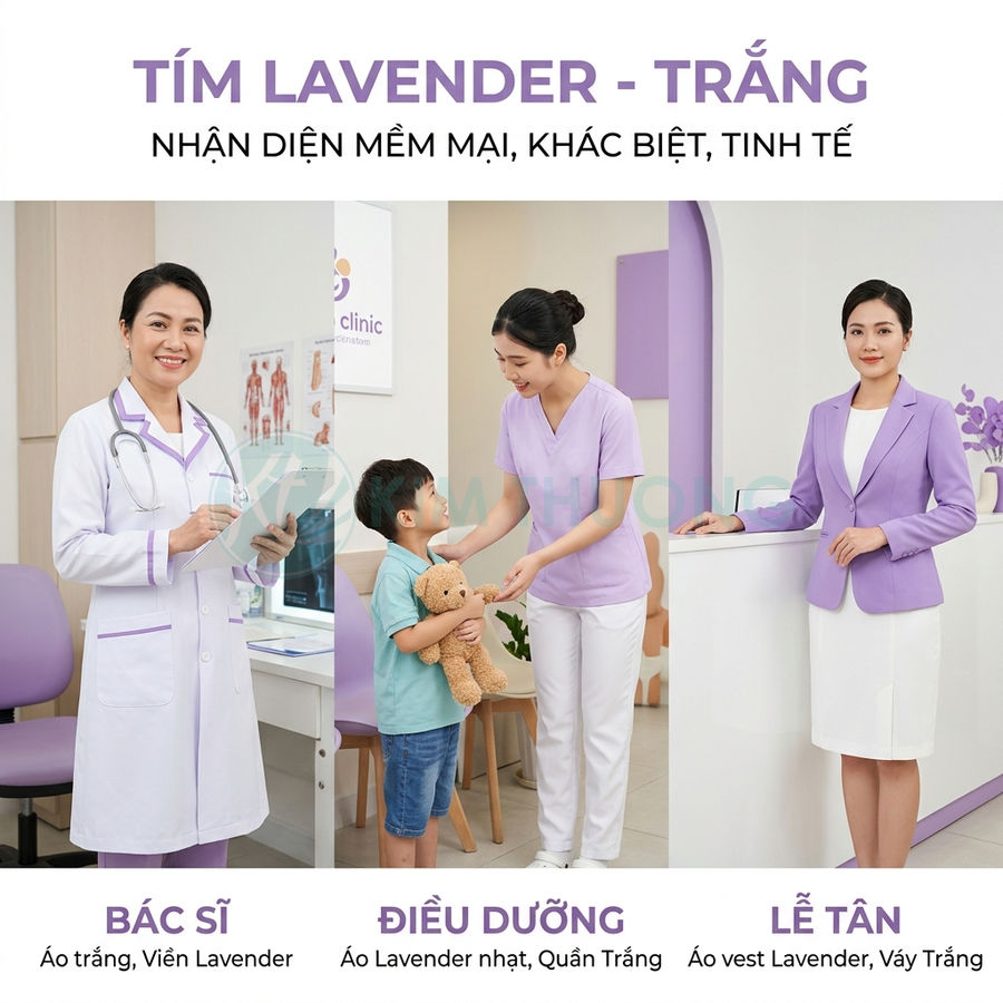 Đồng phục bác sĩ, điều dưỡng và lễ tân màu tím lavender trắng trong phòng khám hiện đại