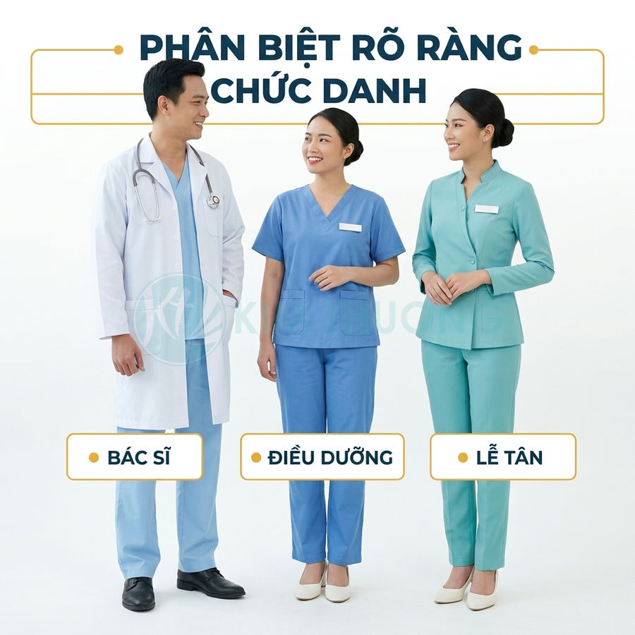 Đồng phục bác sĩ áo blouse trắng, điều dưỡng áo quần xanh dương và lễ tân bộ đồ xanh ngọc trong bệnh viện